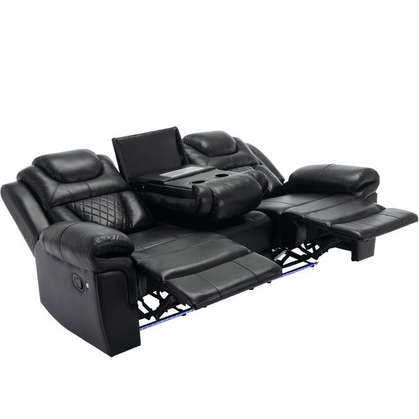 English Elm Home Theater Manual Recliner with Led Strip Console Usb Charging Faux Leather Seat Black WF310727AAB