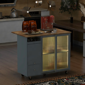 English Elm Kitchen Island With Drop Leaf, Led Light Kitchen Cart On Wheels With 2 Fluted Glass Doors and 1 Flip Cabinet Door, Large Kitchen Island Cart With An Adjustable Shelf and 2 Drawers (Grey Blue)