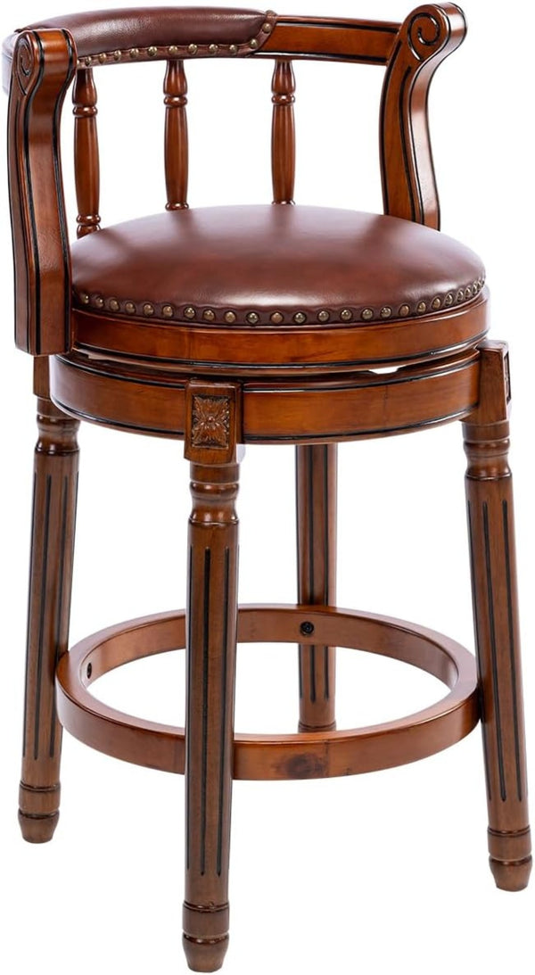 English Elm Seat 26'' Swivel Bar Stool In Brown Leather – Stylish Wooden Chair For Home Kitchen & Counter Use W2195135476-GIGA