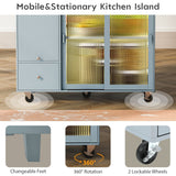 English Elm Kitchen Island With Drop Leaf, Led Light Kitchen Cart On Wheels With 2 Fluted Glass Doors and 1 Flip Cabinet Door, Large Kitchen Island Cart With An Adjustable Shelf and 2 Drawers (Grey Blue)