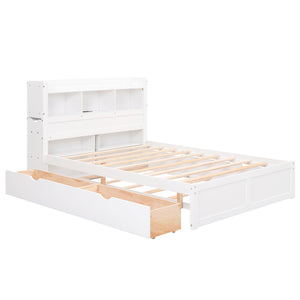 English Elm Full Full Size Storage Platform Bed with Trundle, 4-Tier Headboard Shelves and Dual Drawers, Solid Wood White GX000356AAK
