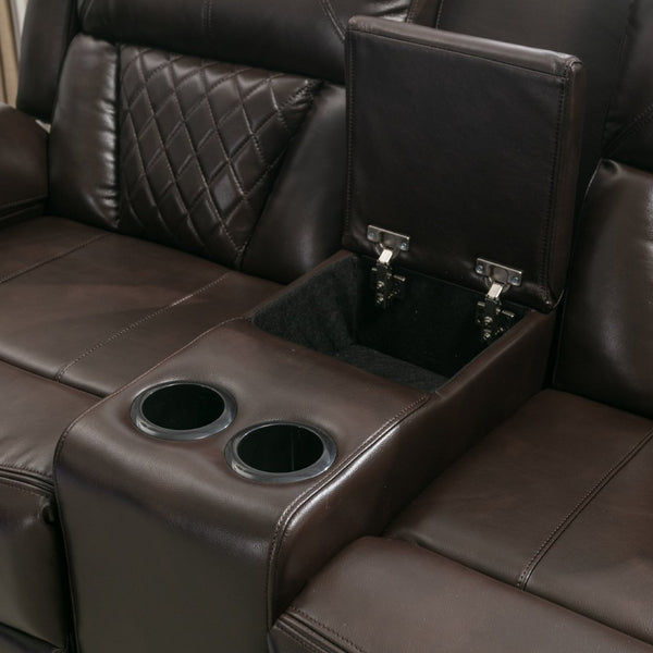 English Elm 3 Piece Faux Leather Manual Recliner Set with Led Base Lighting and Console Brown SG001130AAD