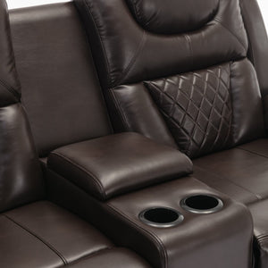 English Elm Home Theater Manual Reclining Loveseat Faux Leather with Led Lighting and Storage Console Brown WF310726AAD