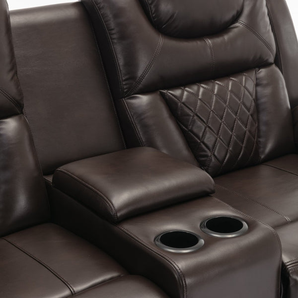 English Elm Home Theater Manual Reclining Loveseat Faux Leather with Led Lighting and Storage Console Brown WF310726AAD
