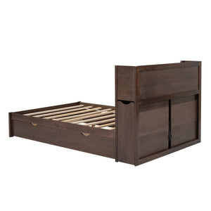 English Elm Full Full Size Storage Platform Bed with Trundle, 4-Tier Headboard Shelves and Dual Drawers, Solid Wood Espresso GX000356AAP
