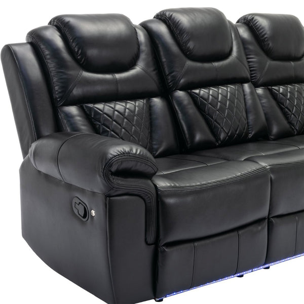 English Elm Home Theater Manual Recliner with Led Strip Console Usb Charging Faux Leather Seat Black WF310727AAB