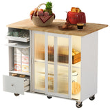 English Elm Kitchen Island With Drop Leaf, Led Light Kitchen Cart On Wheels With 2 Fluted Glass Doors and 1 Flip Cabinet Door, Large Kitchen Island Cart With An Adjustable Shelf and 2 Drawers (White)