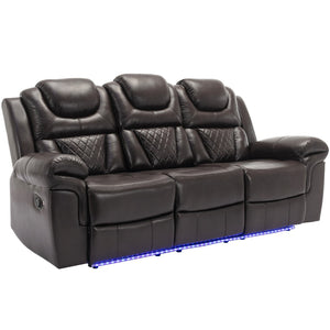 English Elm Home Theater Manual Recliner with Led Strip Console Usb Charging Faux Leather Seat Brown WF310727AAD