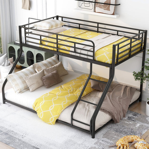 English Elm Metal Floor Bunk Bed Twin XL over Queen Black — Space-Saving Steel Frame, Inclined Ladder, Durable Sleek Design MF309470AAB