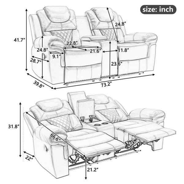 English Elm Home Theater Manual Reclining Loveseat Faux Leather with Led Lighting and Storage Console Brown WF310726AAD