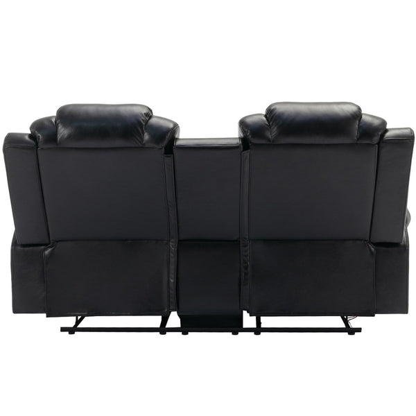 English Elm Home Theater Manual Reclining Loveseat Faux Leather with Led Lighting and Storage Console Black WF310726AAB