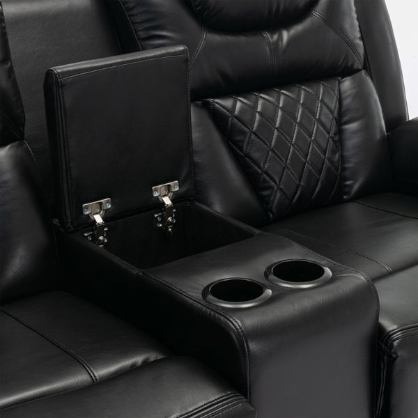 English Elm Home Theater Manual Reclining Loveseat Faux Leather with Led Lighting and Storage Console Black WF310726AAB
