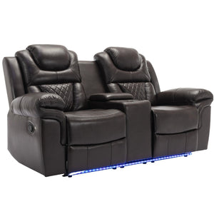 English Elm Home Theater Manual Reclining Loveseat Faux Leather with Led Lighting and Storage Console Brown WF310726AAD