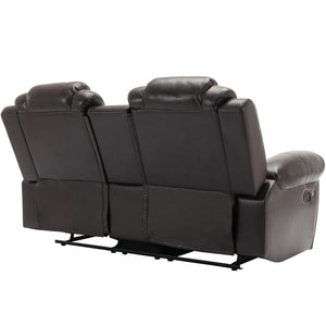 English Elm Home Theater Manual Reclining Loveseat Faux Leather with Led Lighting and Storage Console Brown WF310726AAD