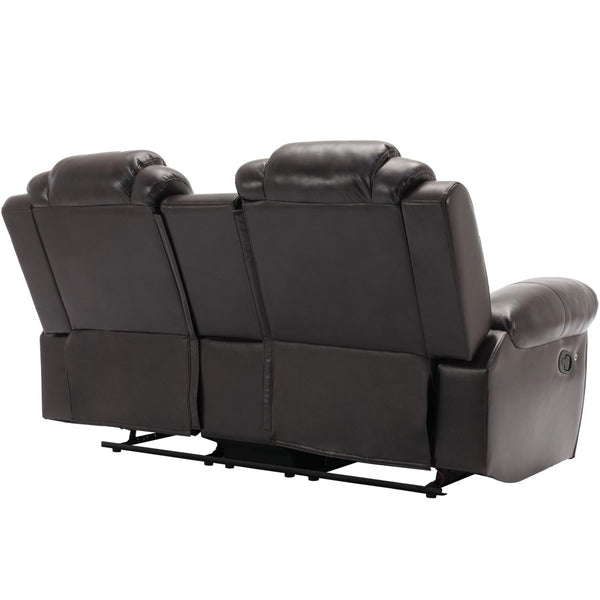 English Elm Home Theater Manual Reclining Loveseat Faux Leather with Led Lighting and Storage Console Brown WF310726AAD