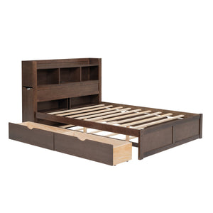 English Elm Full Full Size Storage Platform Bed with Trundle, 4-Tier Headboard Shelves and Dual Drawers, Solid Wood Espresso GX000356AAP