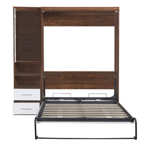 English Elm Full Size Murphy Wall Bed with Side Cabinet Space Saving Foldaway for Studio Rooms LP000691AAK