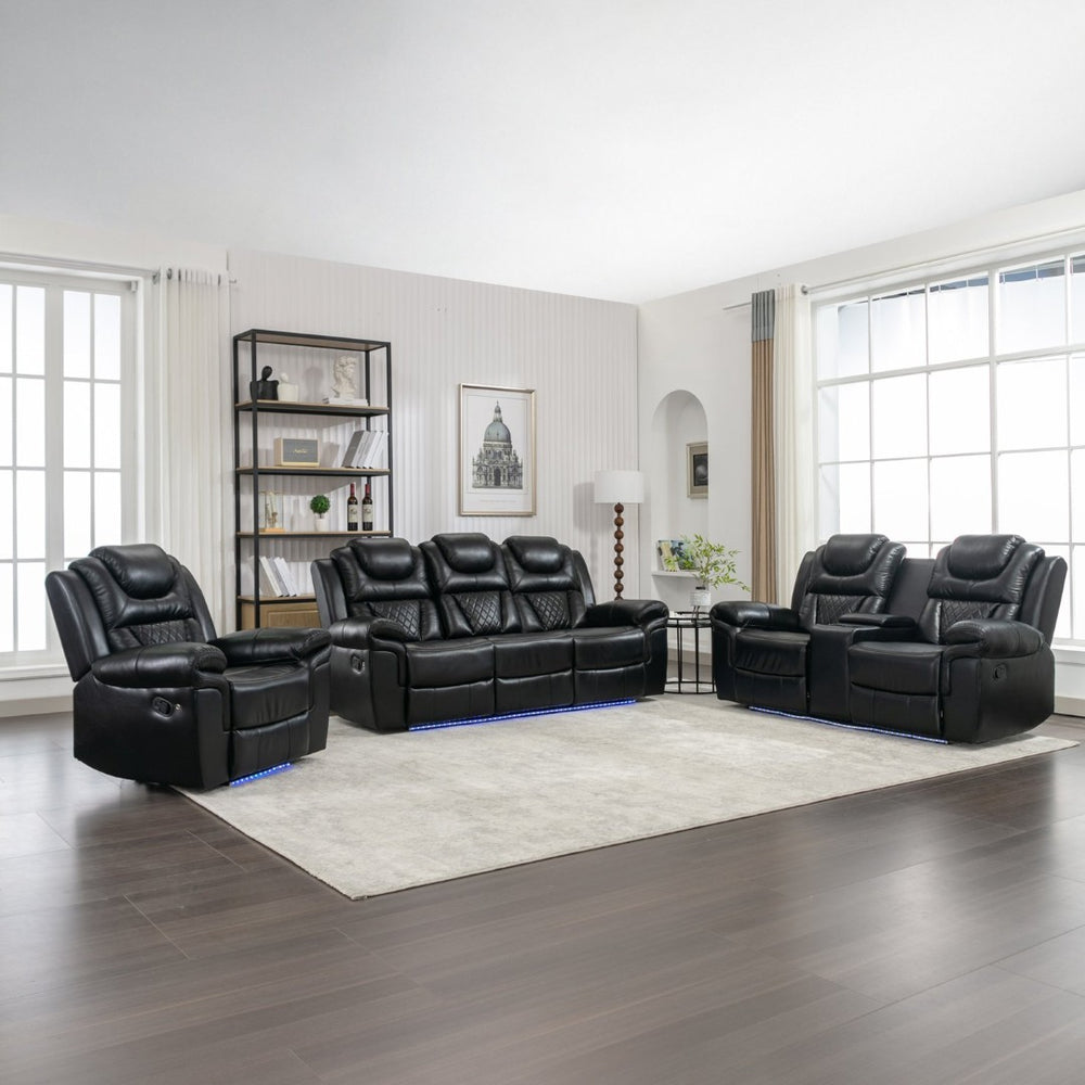 English Elm 3 Piece Faux Leather Manual Recliner Set with Led Base Lighting and Console Black SG001130AAB