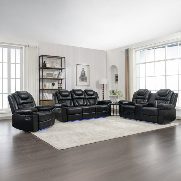 English Elm 3 Piece Faux Leather Manual Recliner Set with Led Base Lighting and Console Black SG001130AAB