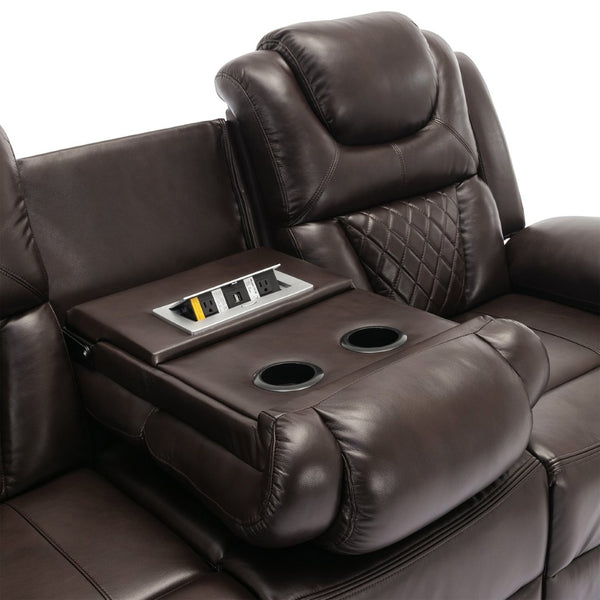English Elm Home Theater Manual Recliner with Led Strip Console Usb Charging Faux Leather Seat Brown WF310727AAD