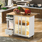 Kitchen Island with Drop Leaf, Led Light Kitchen Cart On Wheels with 2 Fluted Glass Doors and 1 Flip Cabinet Door, Large Kitchen Island Cart with An Adjustable Shelf and 2 Drawers