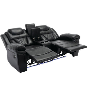 English Elm 3 Piece Faux Leather Manual Recliner Set with Led Base Lighting and Console Black SG001130AAB