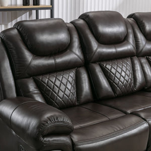 English Elm Home Theater Manual Recliner with Led Strip Console Usb Charging Faux Leather Seat Brown WF310727AAD
