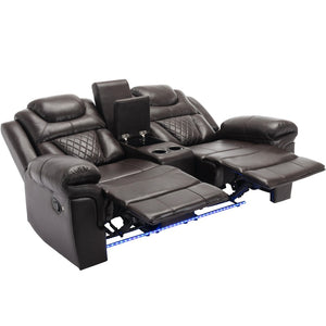 English Elm Home Theater Manual Reclining Loveseat Faux Leather with Led Lighting and Storage Console Brown WF310726AAD