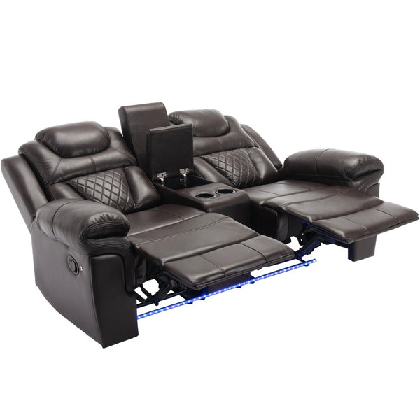 English Elm Home Theater Manual Reclining Loveseat Faux Leather with Led Lighting and Storage Console Brown WF310726AAD