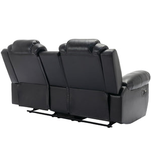 English Elm Home Theater Manual Reclining Loveseat Faux Leather with Led Lighting and Storage Console Black WF310726AAB
