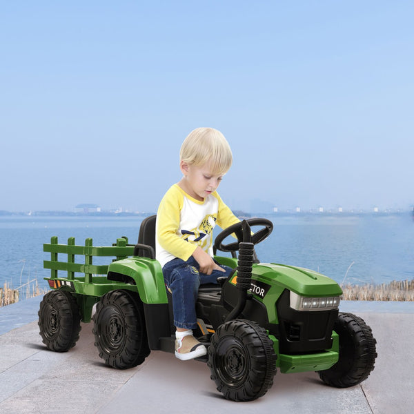 English Elm 12v Kids Battery Powered Ride on Farm Tractor with Trailer Led Lights and 3 Speed W2181137374