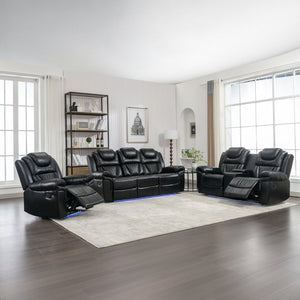English Elm 3 Piece Faux Leather Manual Recliner Set with Led Base Lighting and Console Black SG001130AAB