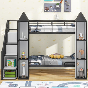 English Elm Metal Castle Twin over Twin Bunk Bed with Staircase Storage, Built-in Wardrobe and Sturdy Frame White+Black GX000630AAB