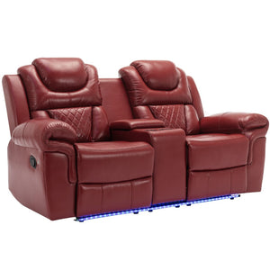 English Elm Home Theater Manual Reclining Loveseat Faux Leather with Led Lighting and Storage Console Wine Red WF310726AAJ