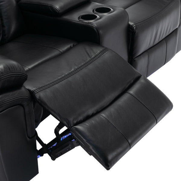English Elm 3 Piece Faux Leather Manual Recliner Set with Led Base Lighting and Console Black SG001130AAB