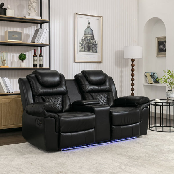 English Elm 3 Piece Faux Leather Manual Recliner Set with Led Base Lighting and Console Black SG001130AAB
