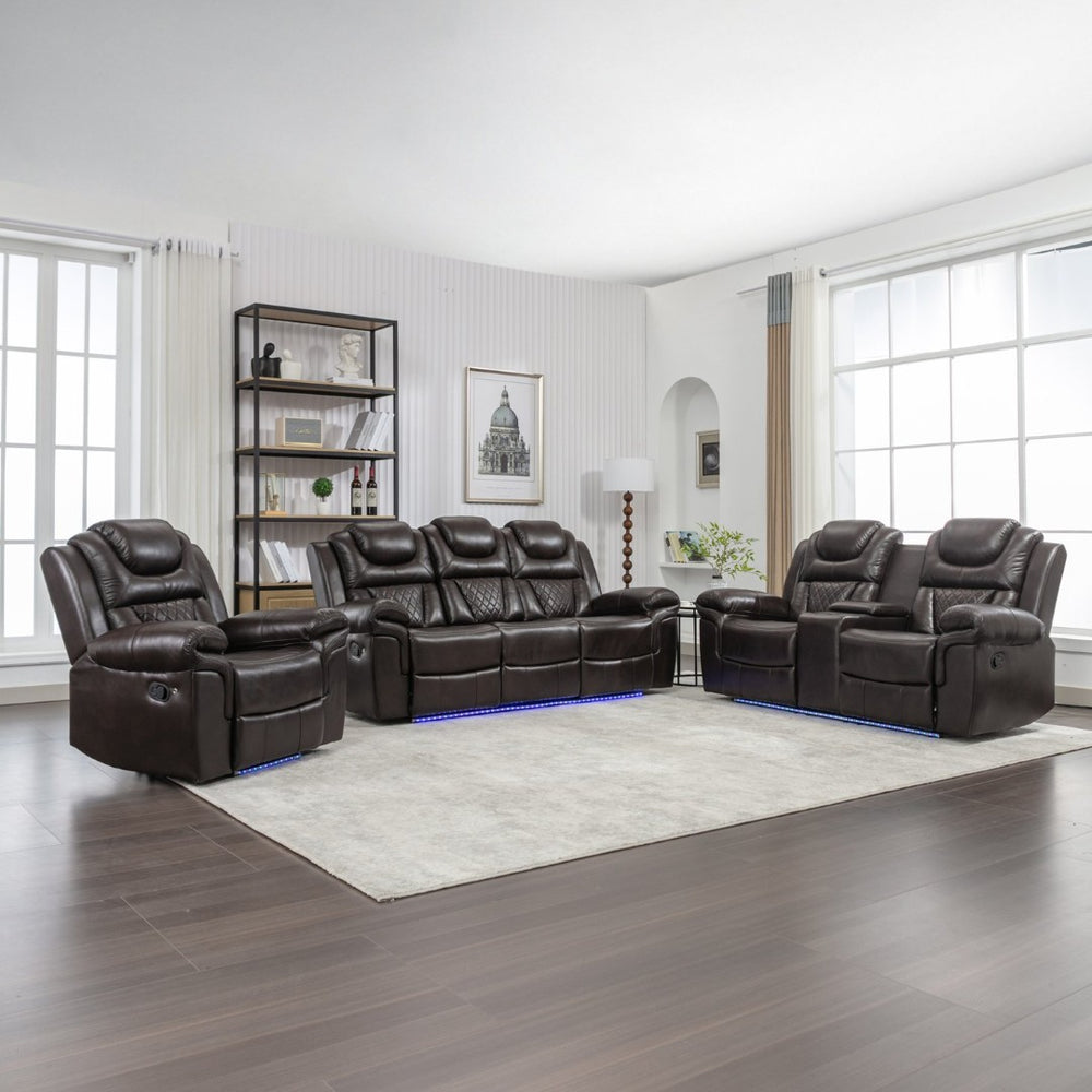 English Elm 3 Piece Faux Leather Manual Reclining Sofa Set with Led Base and Console SG001132AAD
