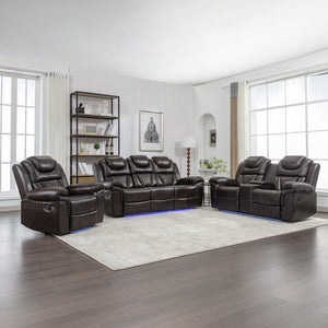 English Elm 3 Piece Faux Leather Manual Recliner Set with Led Base Lighting and Console Brown SG001130AAD