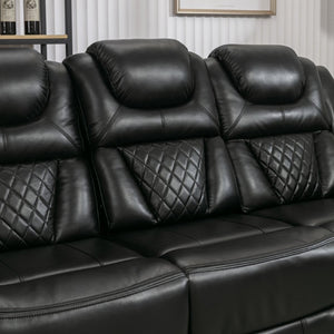 English Elm Home Theater Manual Recliner with Led Strip Console Usb Charging Faux Leather Seat Black WF310727AAB