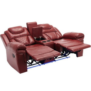 English Elm Home Theater Manual Reclining Loveseat Faux Leather with Led Lighting and Storage Console Wine Red WF310726AAJ