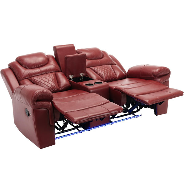 English Elm Home Theater Manual Reclining Loveseat Faux Leather with Led Lighting and Storage Console Wine Red WF310726AAJ