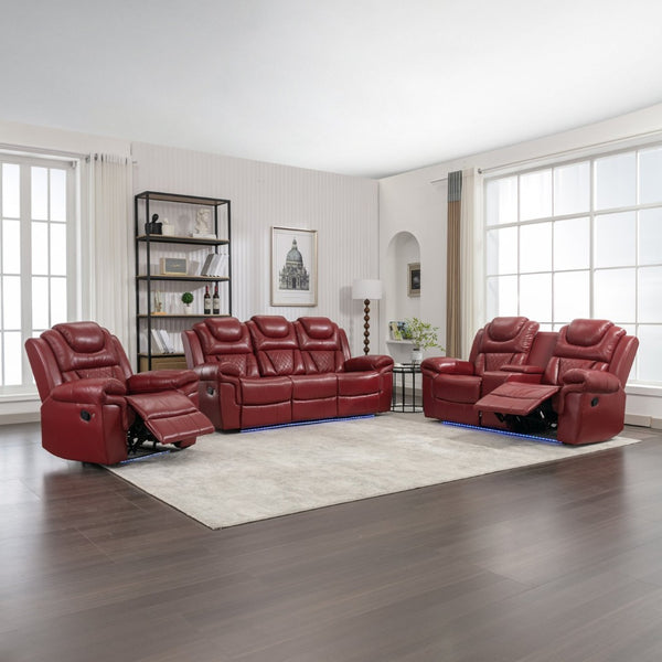 English Elm 3 Piece Faux Leather Manual Recliner Set with Led Base Lighting and Console Wine Red SG001130AAJ