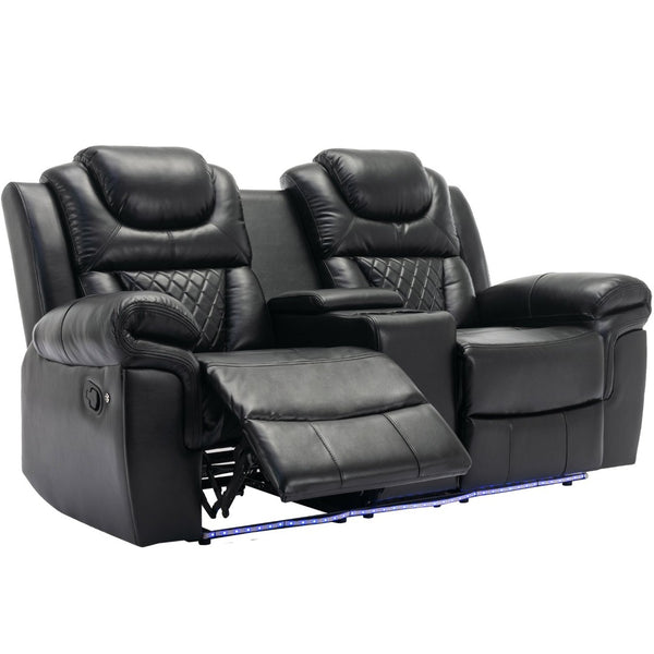 English Elm Home Theater Manual Reclining Loveseat Faux Leather with Led Lighting and Storage Console Black WF310726AAB