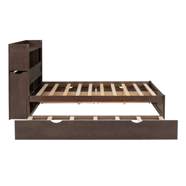 English Elm Full Full Size Storage Platform Bed with Trundle, 4-Tier Headboard Shelves and Dual Drawers, Solid Wood Espresso GX000356AAP