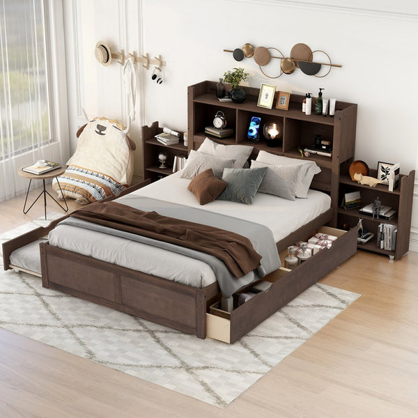 English Elm Full Full Size Storage Platform Bed with Trundle, 4-Tier Headboard Shelves and Dual Drawers, Solid Wood Espresso GX000356AAP