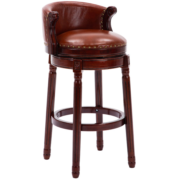 English Elm Seat 26" Cowtop Leather Wooden Bar Stool 360° Swivel Counter Stool Farmhouse Footrest Finish W2195140504
