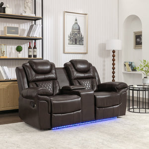 English Elm Home Theater Manual Reclining Loveseat Faux Leather with Led Lighting and Storage Console Brown WF310726AAD