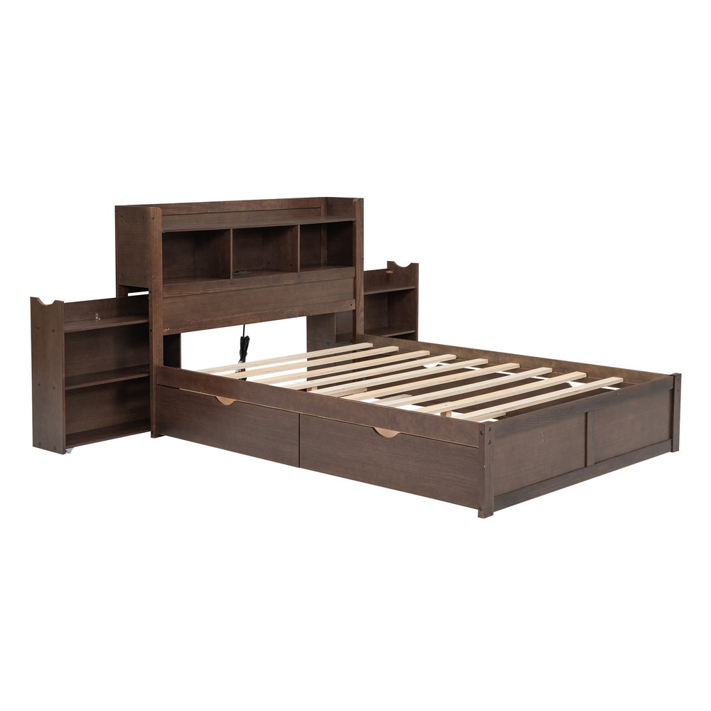 English Elm Full Full Size Storage Platform Bed with Trundle, 4-Tier Headboard Shelves and Dual Drawers, Solid Wood Espresso GX000356AAP