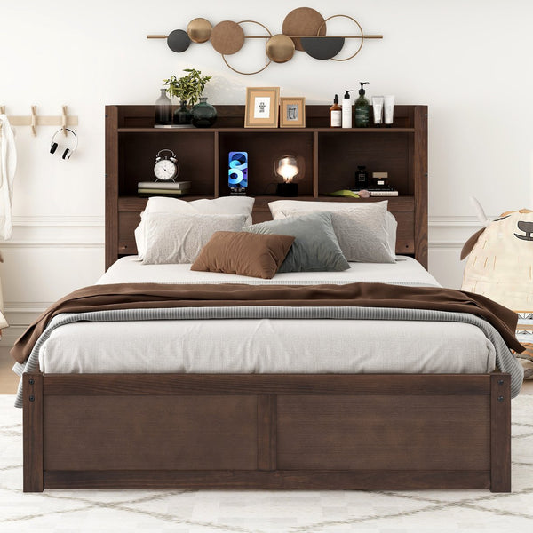 English Elm Full Full Size Storage Platform Bed with Trundle, 4-Tier Headboard Shelves and Dual Drawers, Solid Wood Espresso GX000356AAP