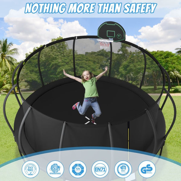English Elm 15ft Outdoor Trampoline with Arcpole Enclosure Basketball Hoop and Ground Anchors SC000015AAB